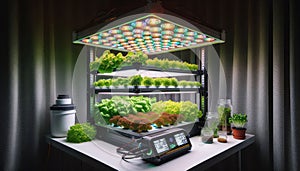 hydroponic system with LED lighting for soilless growing of plants in urban. Vertical farming