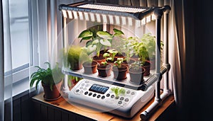 hydroponic system with LED lighting for soilless growing of plants in urban. Vertical farming