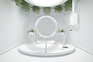 Hydroponics Lab room on spacecraft with white circle podium empty.3D rendering