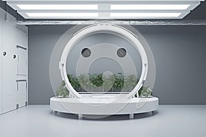 Hydroponics Lab room on spacecraft with white circle podium empty.3D rendering