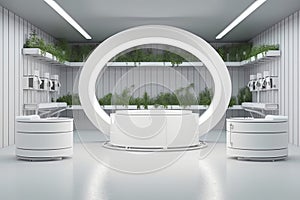 Hydroponics Lab room on spacecraft with white circle podium empty.3D rendering