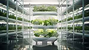 a hydroponics rack supporting a water field where vegetables thrive in a greenhouse, in a minimalist modern style