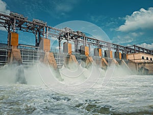 Hydropower Plant on the Nistru river in Dubasari Dubossary, Moldova. Hydro power station, water dam, renewable electric energy photo