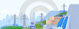 Hydropower station generator vector illustration, cartoon flat landscape with power generating hydroelectric plant on photo