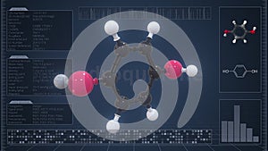 Hydroquinone molecule with description on the computer screen, 3d rendering