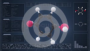 Hydroquinone molecule with description on the computer screen, loopable 3d animation
