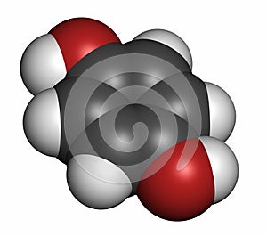 Hydroquinone reducing agent molecule. Used in development of photographic film. 3D rendering. Atoms are represented as spheres