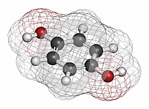 Hydroquinone reducing agent molecule. Used in development of photographic film. Atoms are represented as spheres with conventional