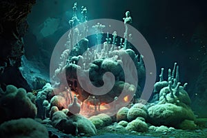 hydrothermal vent with bioluminescent creatures