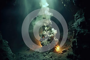 hydrothermal vent in a deep sea trench, emitting smoke