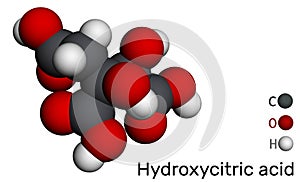 Hydroxycitric acid, HCA molecule. It is derivative of citric acid. Molecular model. 3D rendering