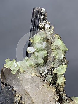 Hydroxyl green herderite bunch with tourmaline specimen from skardu pakistan