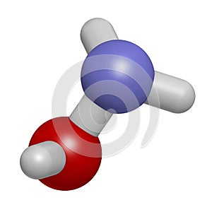 Hydroxylamine molecule. 3D rendering. Atoms are represented as spheres with conventional color coding: hydrogen white, oxygen photo