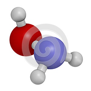 Hydroxylamine molecule. 3D rendering. Atoms are represented as spheres with conventional color coding: hydrogen white, oxygen photo