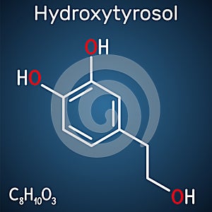 Hydroxytyrosol molecule. Structural chemical formula on the dark blue background photo
