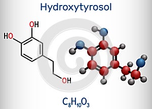 Hydroxytyrosol molecule. Structural chemical formula, molecule model