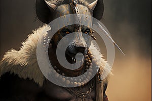 Hyena animal portrait dressed as a warrior fighter or combatant soldier concept. Ai generated