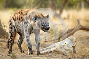 hyena crunching on bones in the african bush