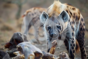 hyena crunching on bones in the african bush