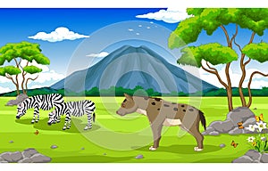 hyena and deer Cartoon with landscape Background