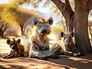 A hyena family resting in the shade of acacia trees in the midday heat