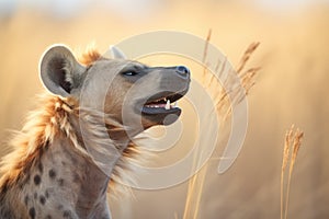 hyena with fur detail, vocalizing at dusk