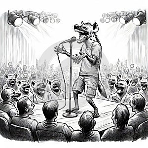 Hyena-Like Performer Engages Audience on Stage in Black and White Illustration