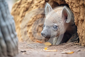 hyena pup yelping by a den entrance