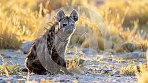 Hyena sits in desert
