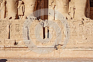 Hyeroglyphs at Abu Simbel Temple depicting Horus and king Ramesses The Great at Abu Simbel Village near Aswan, Egypt