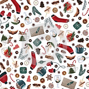 Hygge christmas seamless pattern with cute and cozy christmas items on a white background. dark xmas wrapping paper.