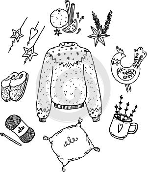 Hygge concept. Hand drawn isolated illustration set