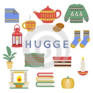 Hygge danish norwegian cultural lifestile mood coziness wellness contentment flat cartoon design vector illustration