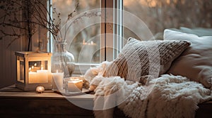 Hygge Home interior with soft lighting, candles, warm textiles, and cozy nooks for relaxations. Autumn and winter cozy mood. Cold