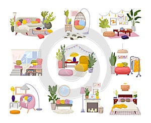 Hygge interiors collection with stylish comfy furniture and scandinavian home decorations vector illustration set. Cozy