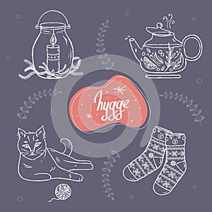 Hygge items on blue background