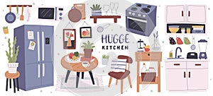 Hygge kitchen furniture, home decorations and accessories for comfy apartment design interior