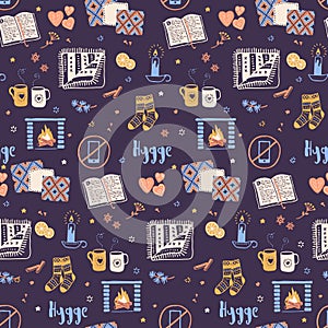 Hygge seamless pattern. Cozy home things. Danish living concept.