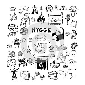 Hygge set sketch icon, sticker, poster, card hand drawn vector doodle, scandinavian. cozy home, plants in pots and vases,