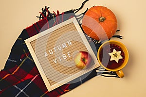 Hygge Style Autumn Flat Lay with Woolen Scarf Red Apples Pumpkin Yellow Mug with Berry Tea and Letter Board with Autumn Vibe