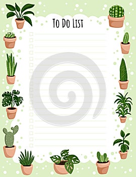 Hygge weekly planner and to do list with potted succulent plants. Cozy lagom scandinavian style template for agenda, planners,