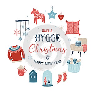 Hygge winter elements and concept design, Merry Christmas card, banner, background photo