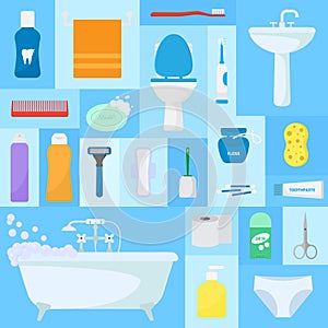 Hygiene accessories vector illustration. Bathroom set, washing, bathing, cleanliness pattern. Bath texture. Soap, towel