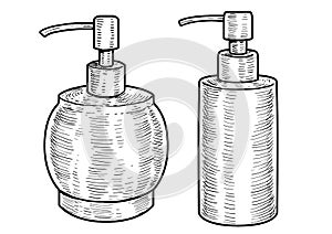 Hygiene bottle illustration, drawing, engraving, ink, line art, vector