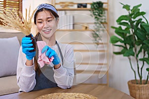 Hygiene cleaning concept, Housemaid use cloth to cleaning the flower vase while cleanups the house