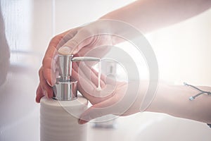 Hygiene concept. Water flowing from faucet.