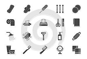 Hygiene flat icons. Vector illustration include icon - shower, soap, towel, toilet paper, tissue, sponge, handkerchiefs