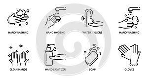 Hygiene hand washing. Vector set of dessert icons. Editable Stroke. Wash hands with soap and water, antiseptic, gloves photo