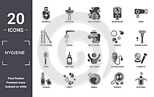 hygiene icon set. include creative elements as antiseptic, dryer, bubbles, body odour, purity, primp filled icons can be used for