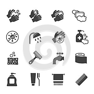 Hygiene icon set. Vector black icons of washing hands and anti bacterial soap